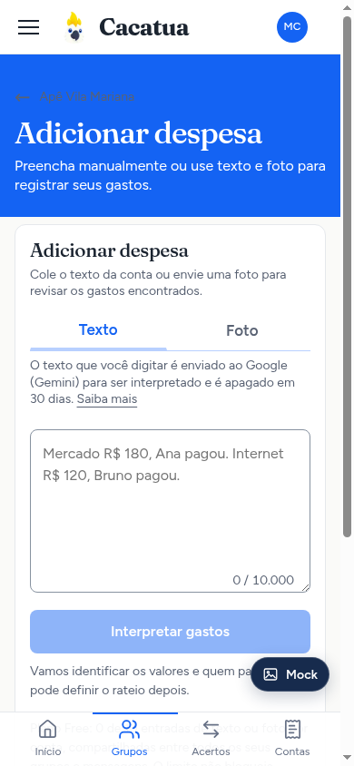 Tela mobile para registrar uma despesa por texto ou foto