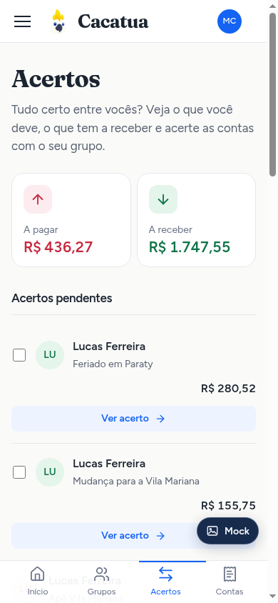Tela mobile de acertos com valores a pagar e receber